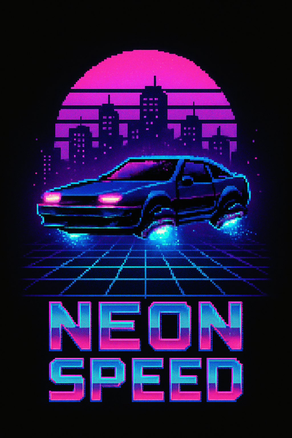 Retro Neon Pixel Car Racing Poster