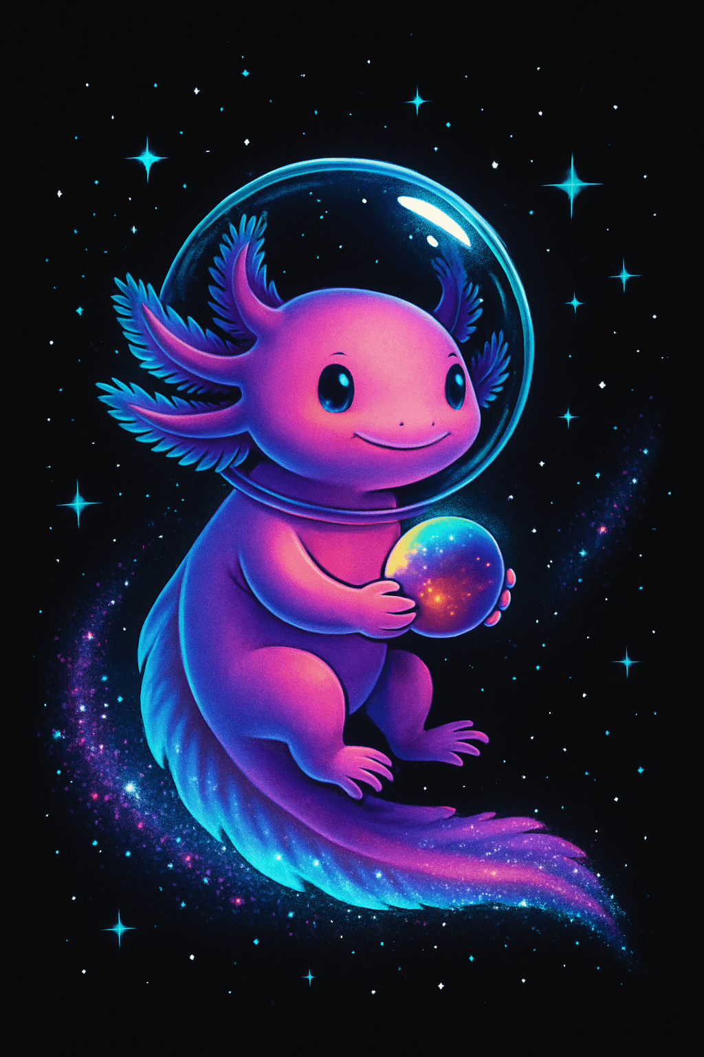 Cosmic Axolotl in Space Helmet Holding Galaxy Orb