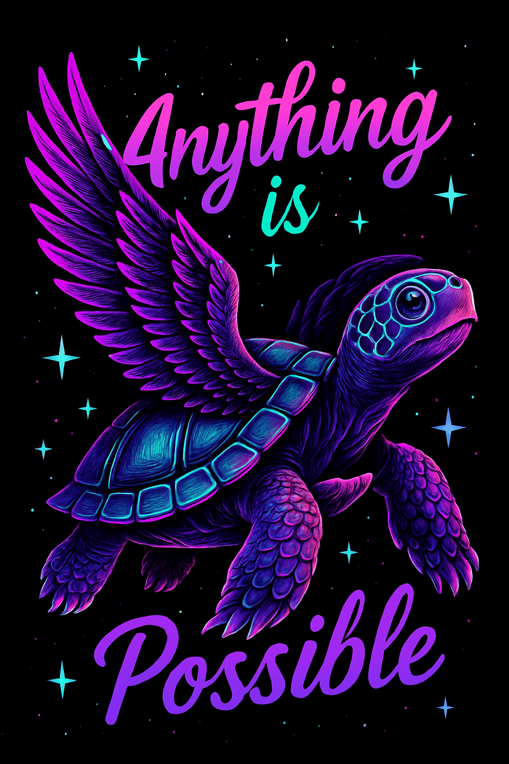 Neon Flying Turtle with Inspirational Quote