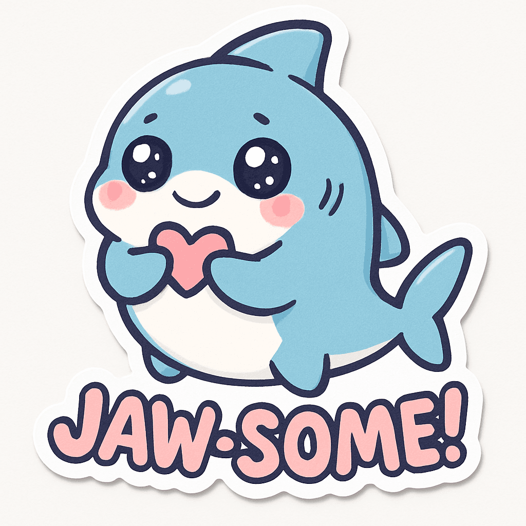 Cute Cartoon Shark Holding Heart with 'Jaw-Some!' Text