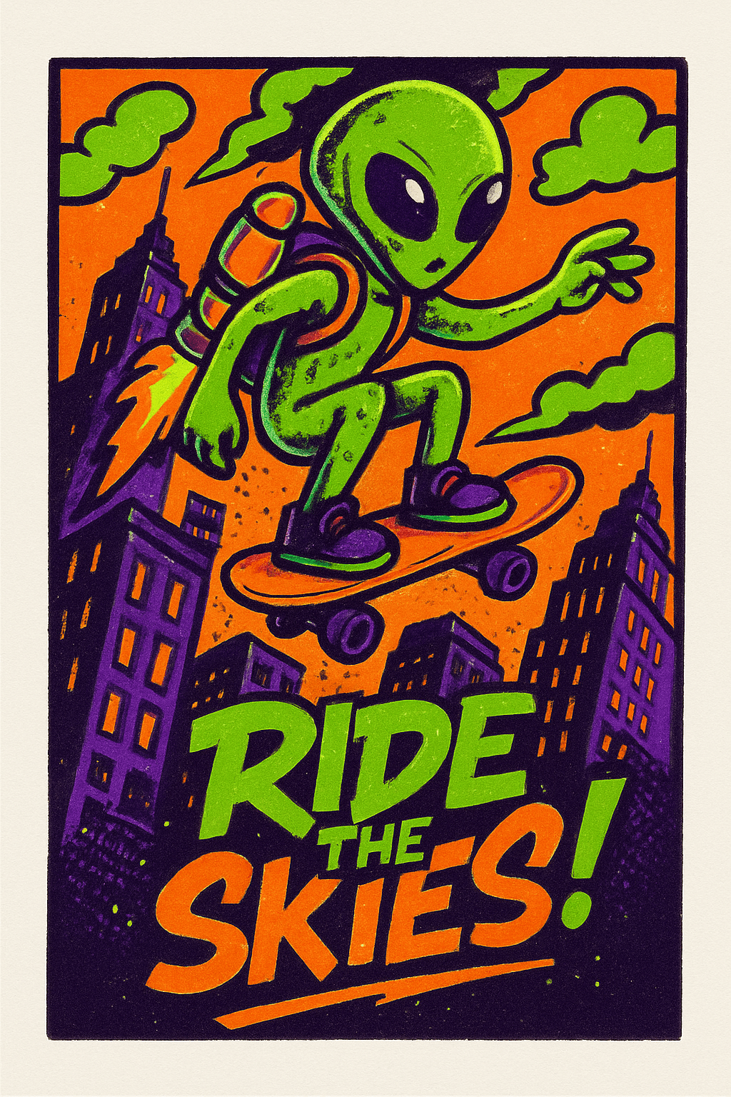 Alien Skateboarder Jetpacks Above Cityscape