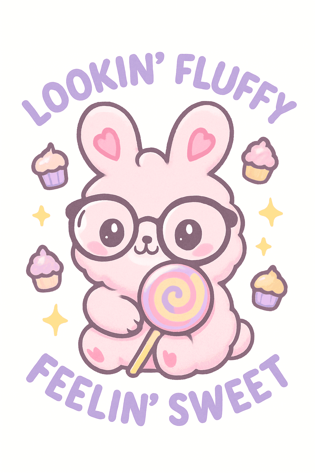 Cute Fluffy Bunny with Lollipop and Cupcakes