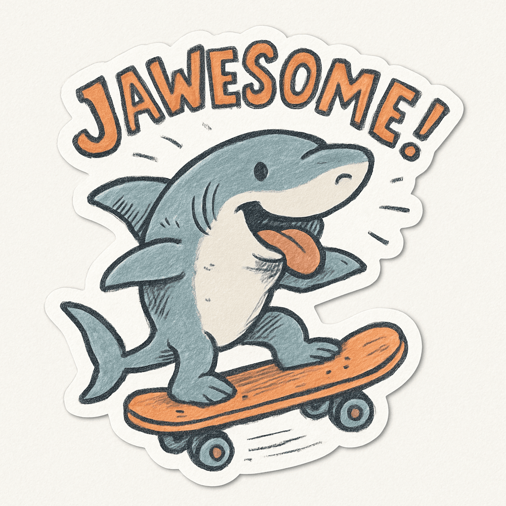 Playful Shark Skateboarding with 'Jawesome!' Text