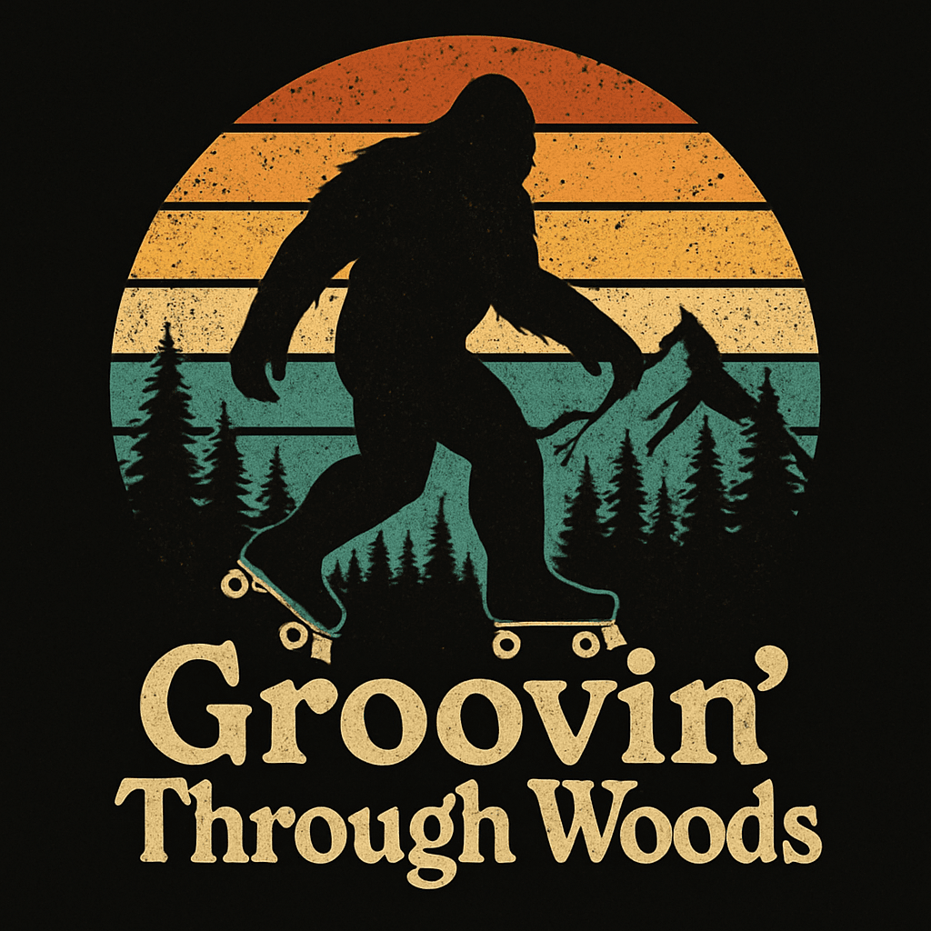 Retro Bigfoot Roller Skating Through Forest