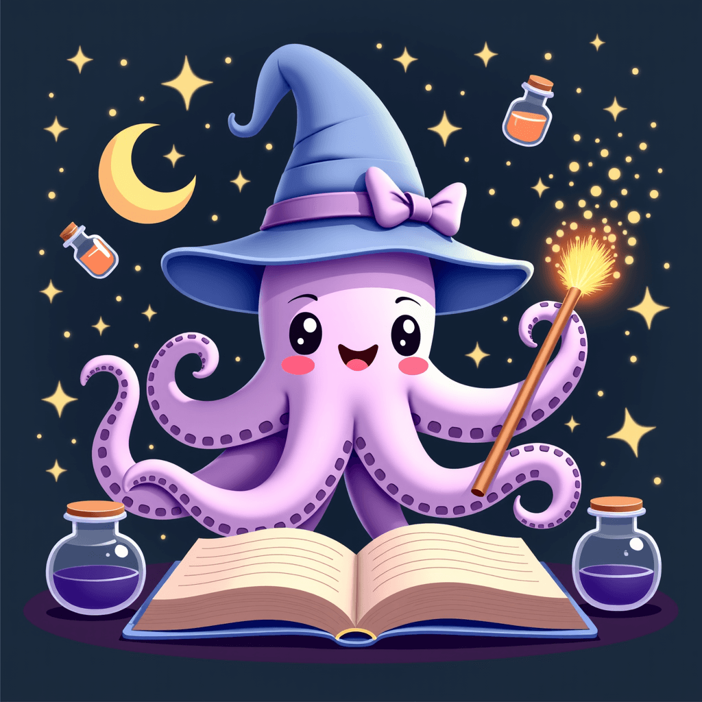 Cute Octopus Wizard Casting Magical Spells