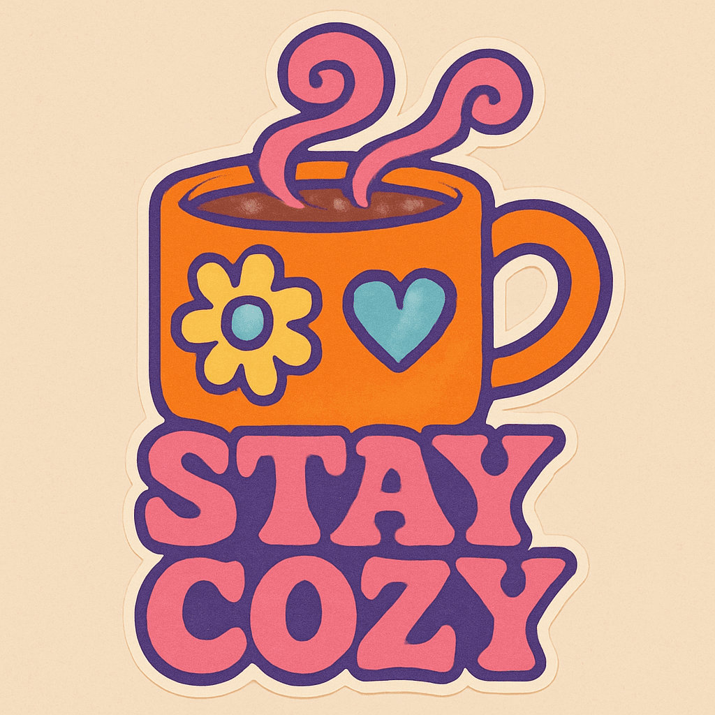 Retro Cozy Mug with 'Stay Cozy' Slogan Sticker