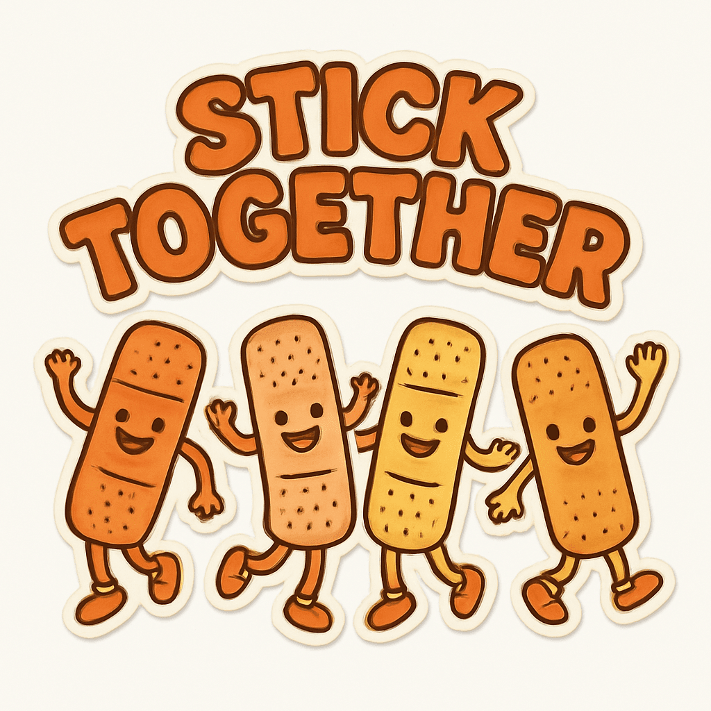 Cute Band-Aid Characters with 'Stick Together' Slogan
