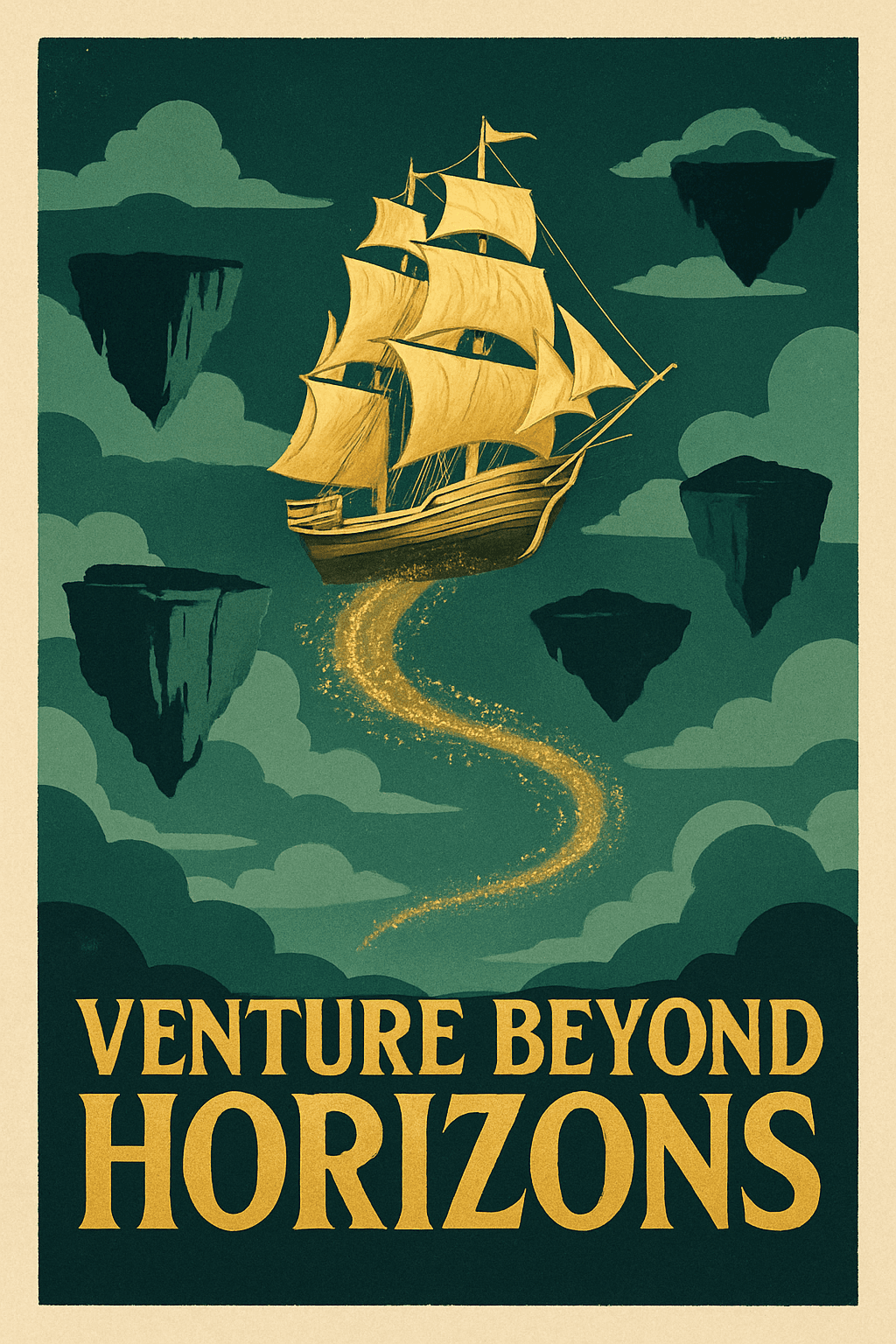 Golden Airship Sailing Beyond Floating Islands