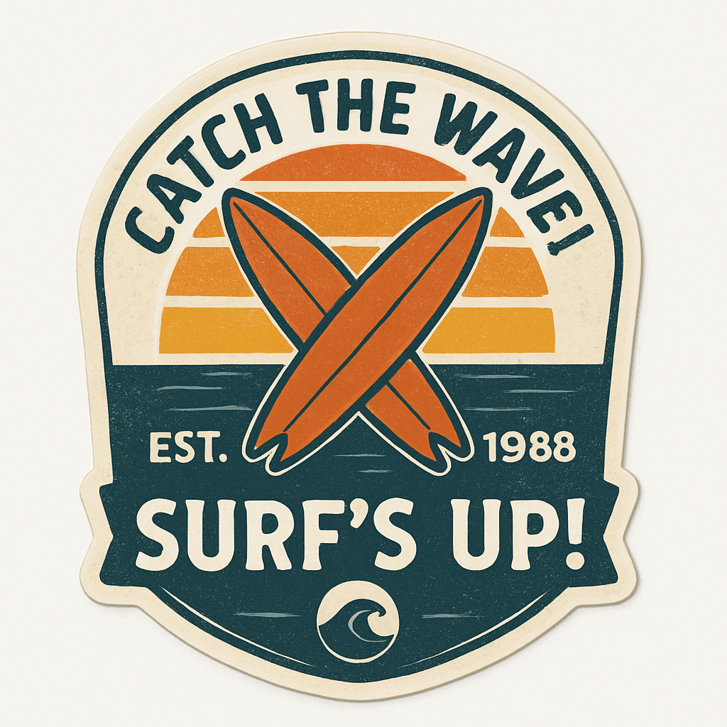 Vintage Surfing Badge with Sunset and Boards