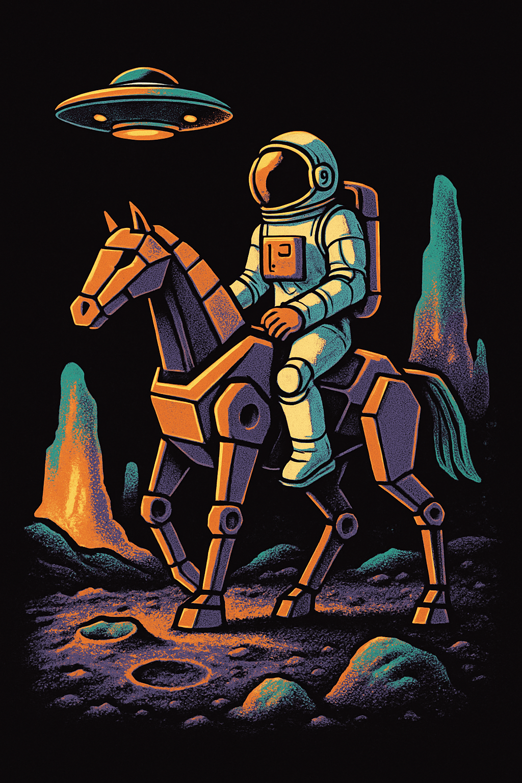 Astronaut Riding a Robotic Horse on Alien Terrain