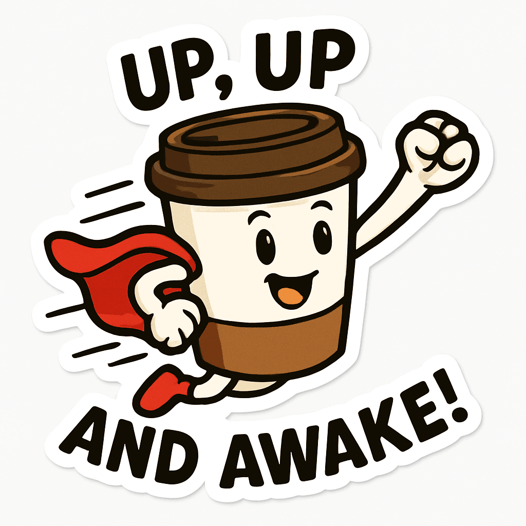 Super Coffee Cup with 'Up, Up and Awake!' Slogan