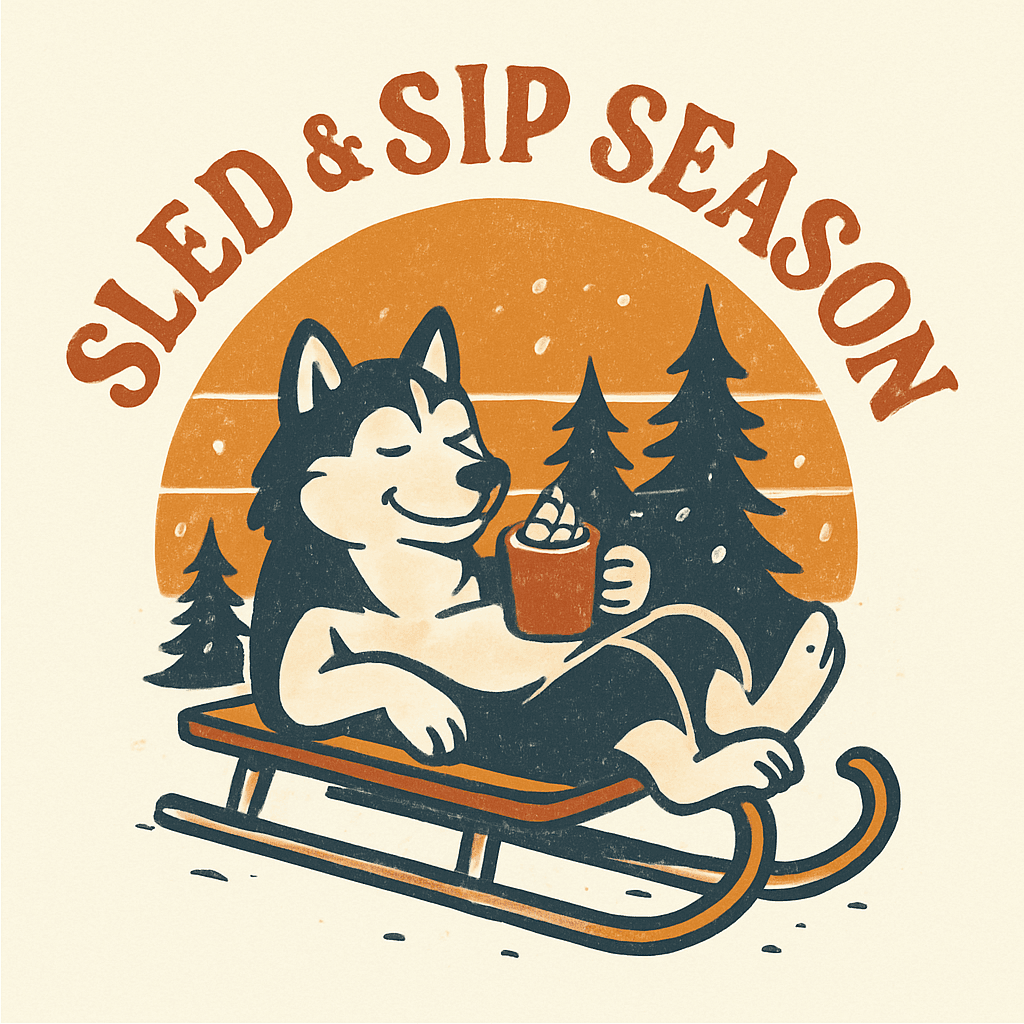 Relaxed Husky on Sled with Hot Cocoa