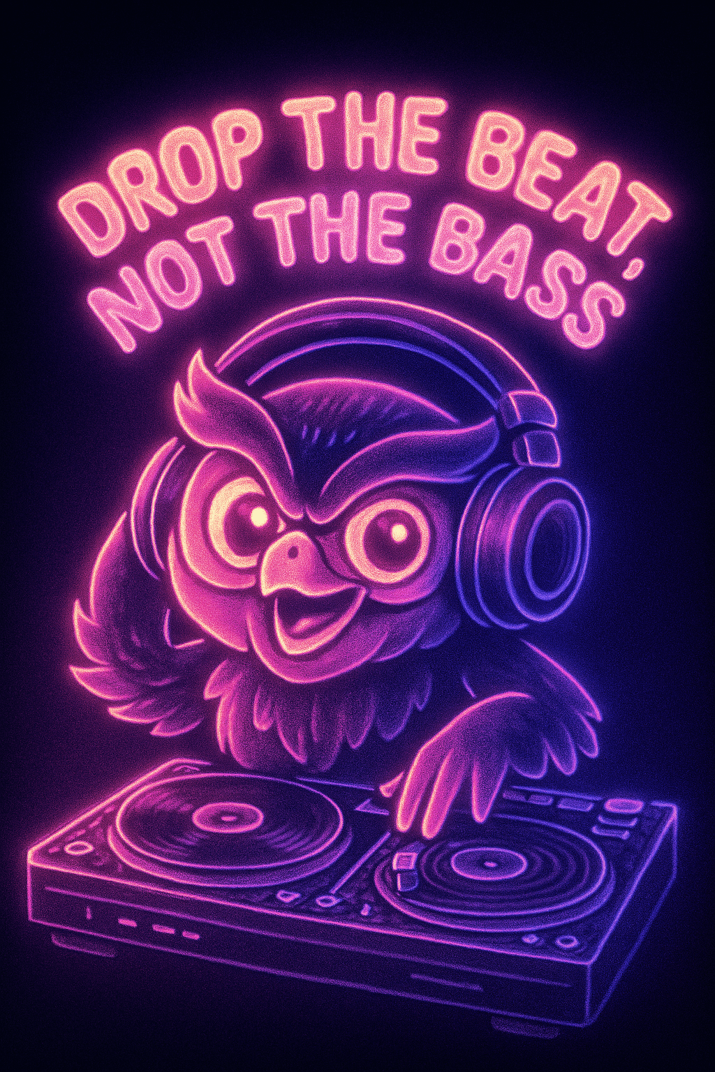 Neon DJ Owl with 'Drop the Beat, Not the Bass' Quote