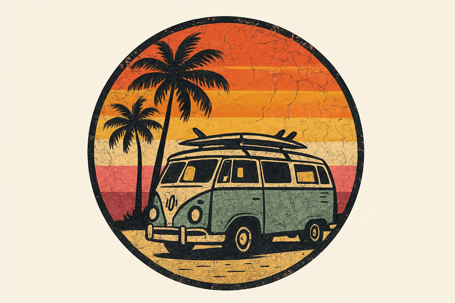 Retro Surf Van with Palm Trees at Sunset