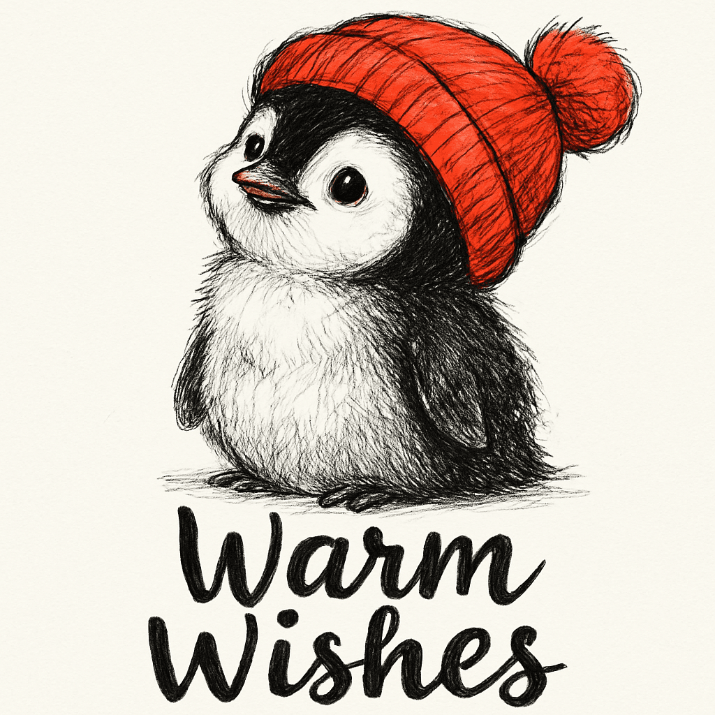 Cute Penguin in Red Beanie with Warm Wishes