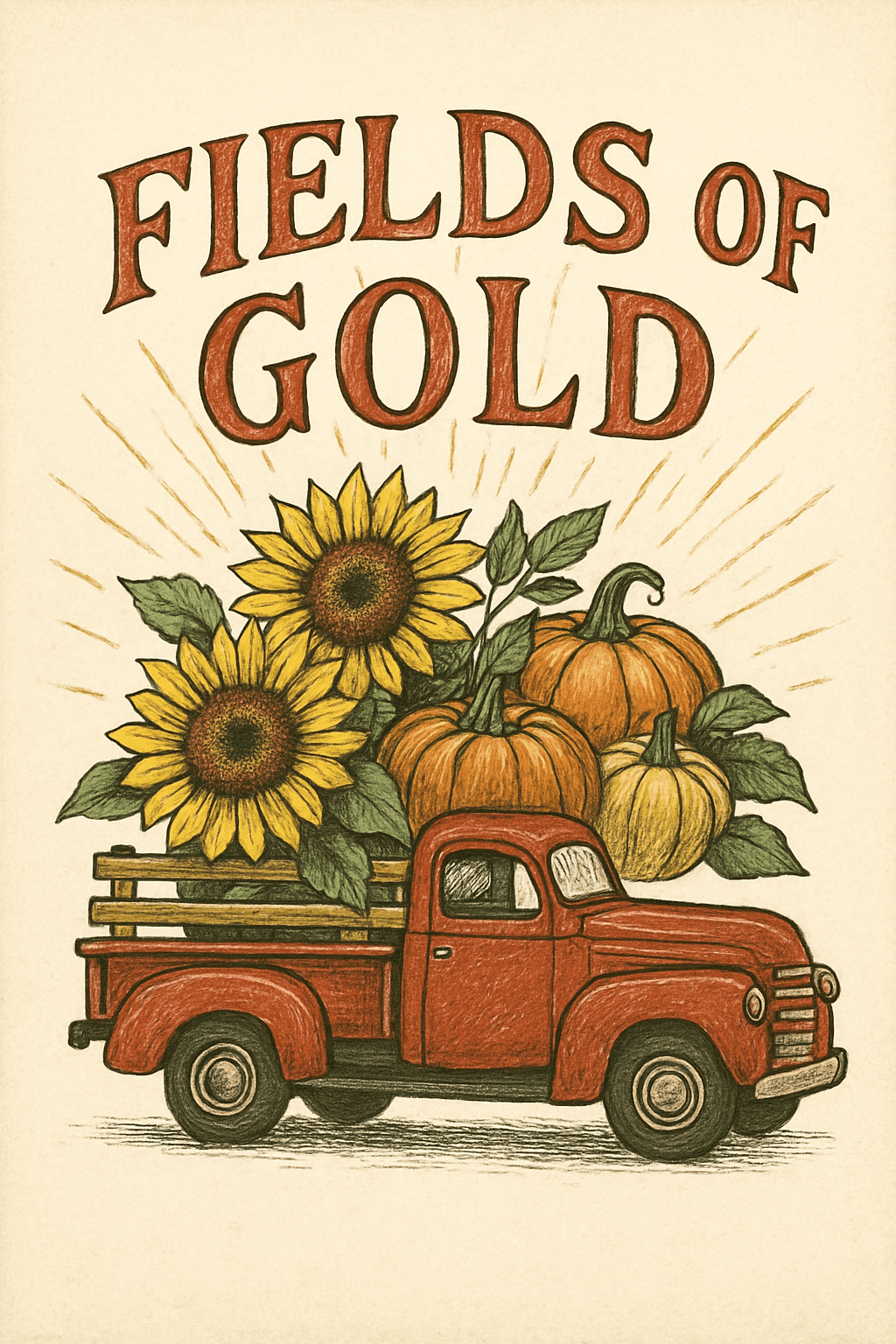 Vintage Red Truck with Sunflowers & Pumpkins