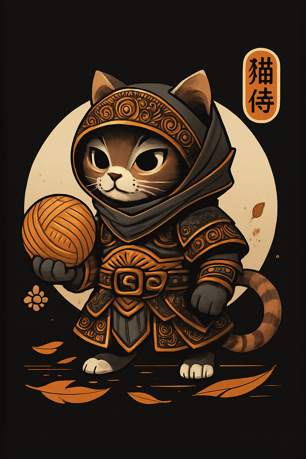 Samurai Cat Warrior with Yarn Ball