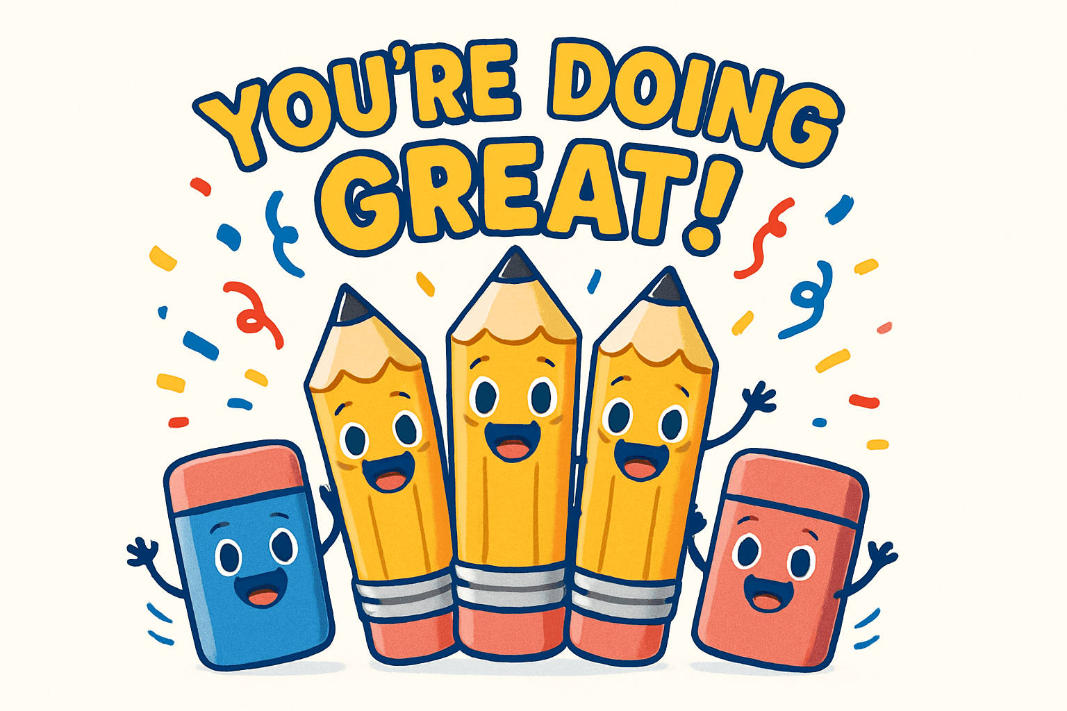 Cheerful Pencils & Erasers Saying You're Doing Great