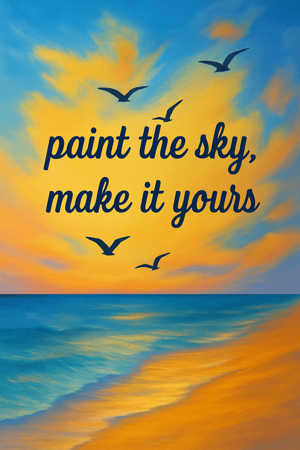 Sunset Beach with Inspirational Quote and Flying Birds