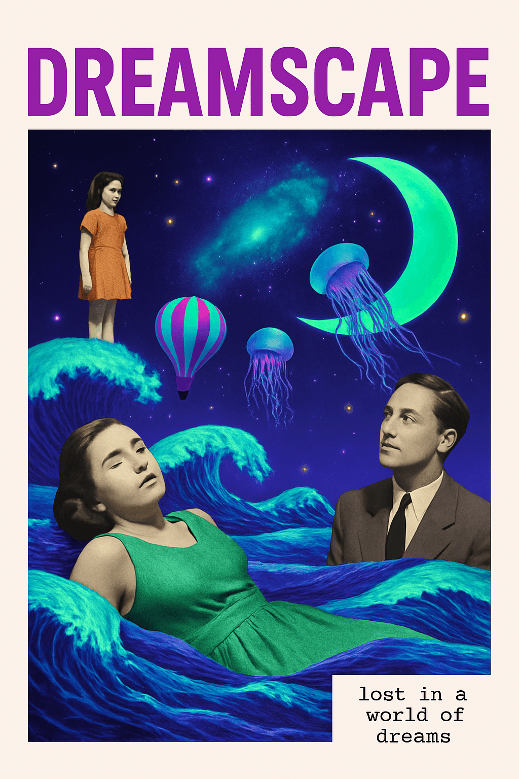 Surreal Dreamscape with Vintage Figures and Neon Waves