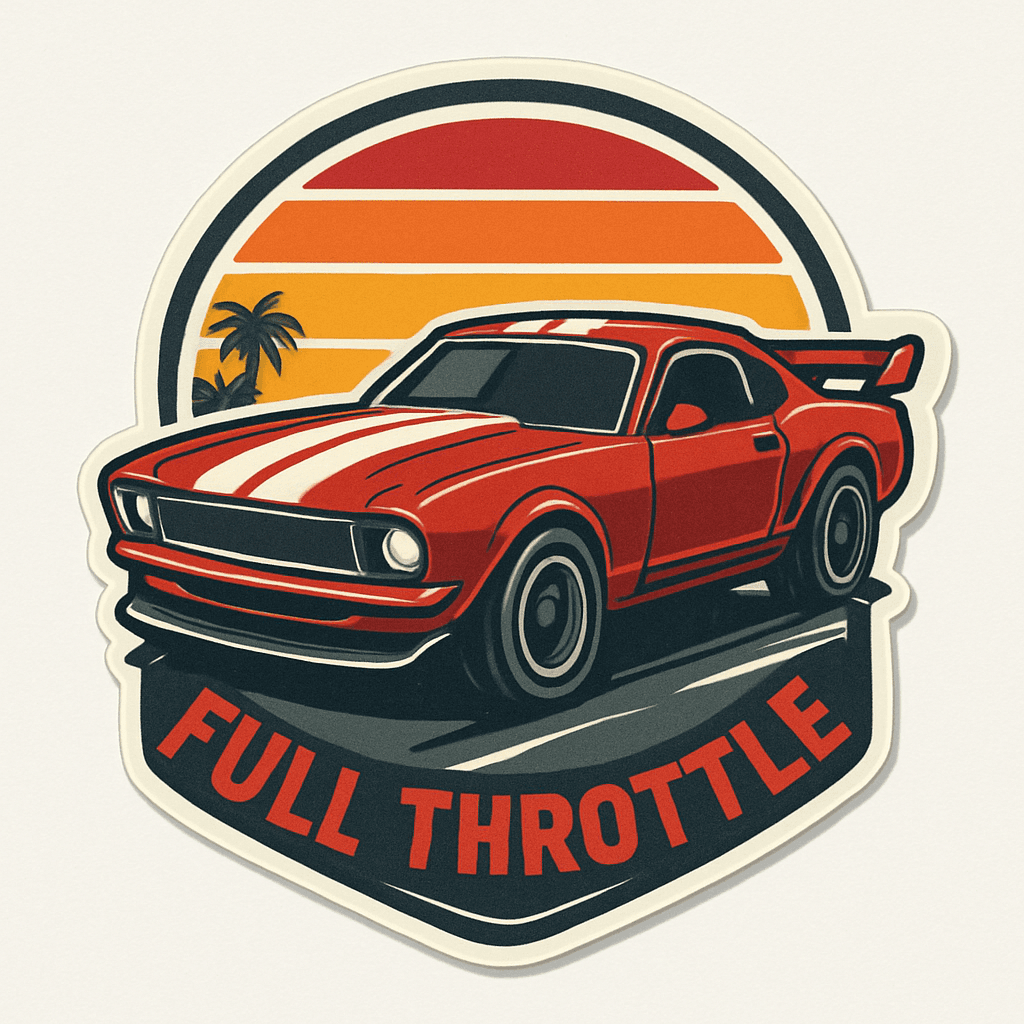 Retro Red Muscle Car with Sunset and Full Throttle