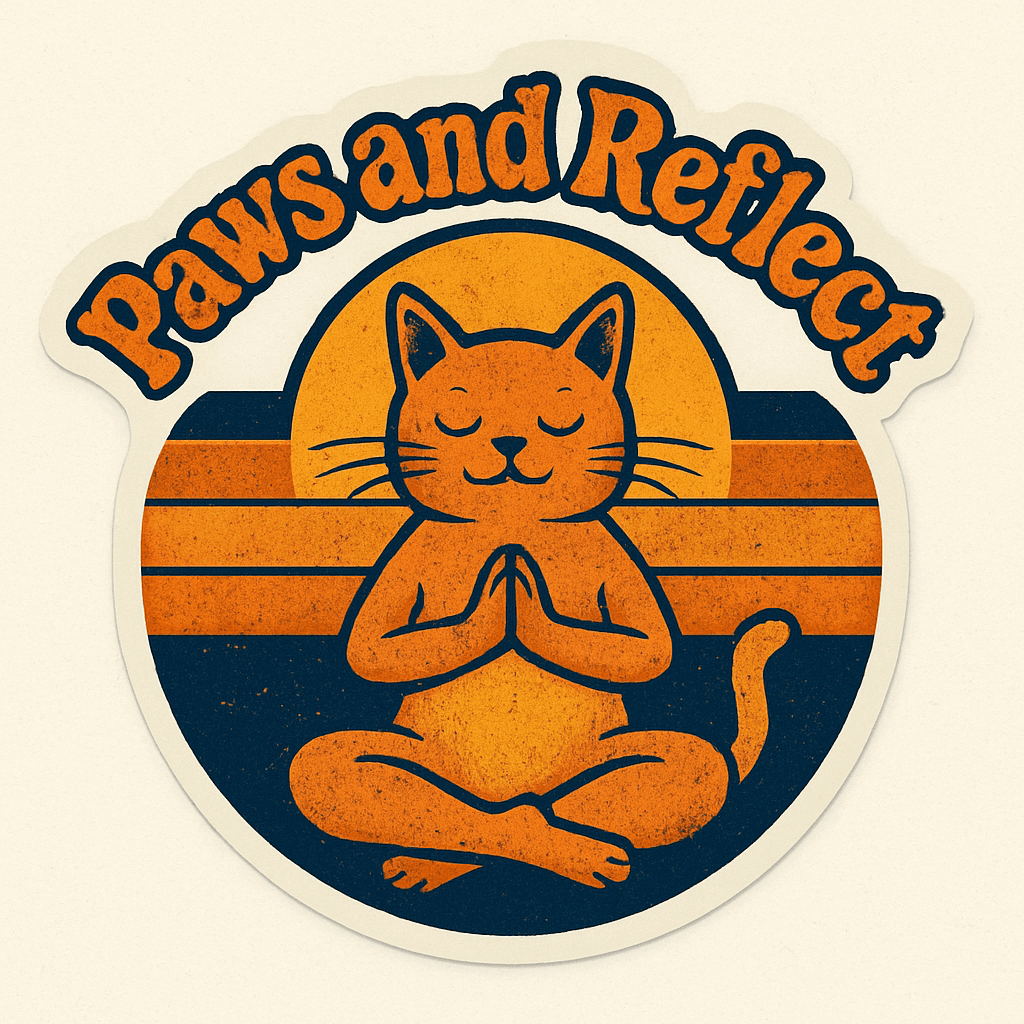 Meditating Cat with 'Paws and Reflect' Retro Sticker
